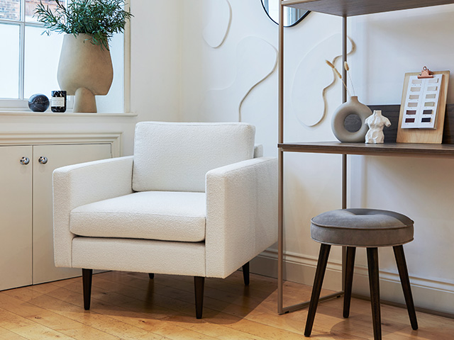 white bucle armchair - luke arthur wells x swyft - goodhomesmagazine.com