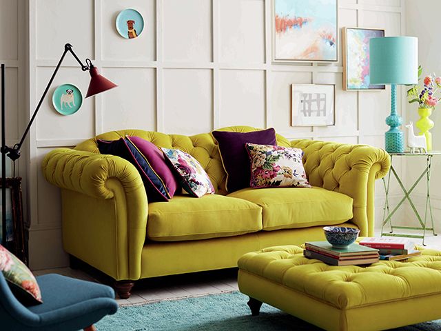 dfs yellow velvet sofa 2010s trend - goodhomesmagazine.com