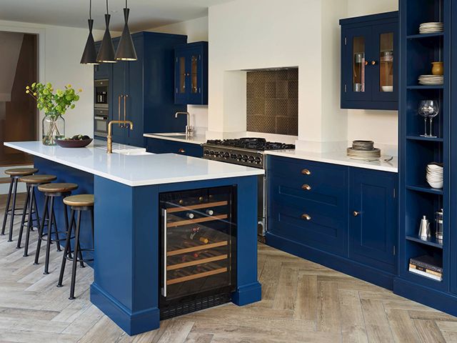 harvey jones shaker kitchen in little greene blue colour - goodhomesmagazine.com