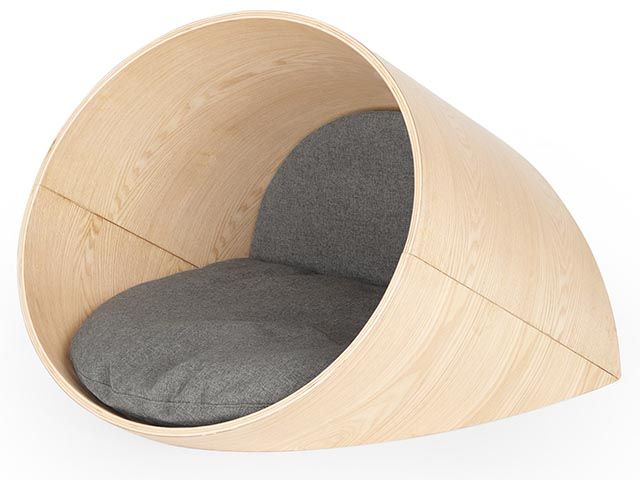scandi chic wooden pet bed with grey cushion from made.com