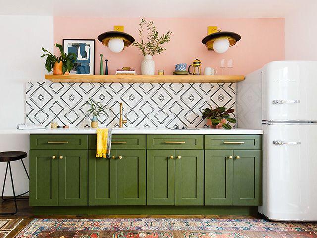 big chill dabito fridge in pink green kitchen - goodhomesmagazine.com