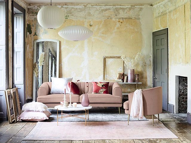 enchanted pink sofa from dfs in distressed living room - goodhomesmagazine.com