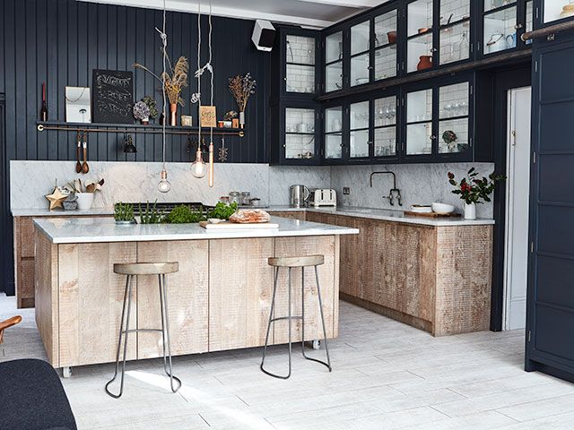 Grey panelled kitchen wall with wood island - good homes december 2017 - goodhomesmagazine.com