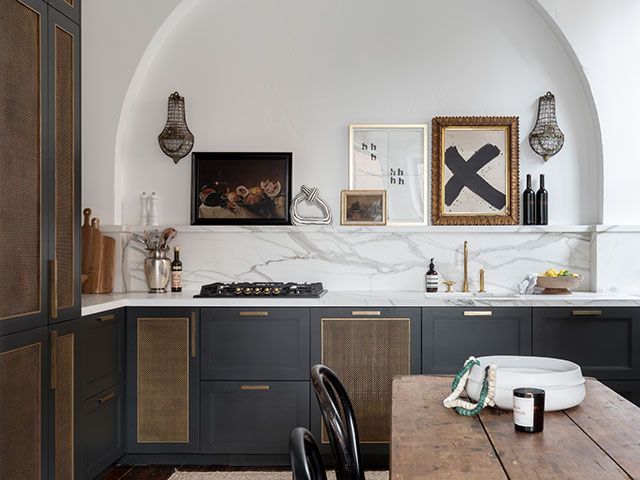 shaker kitchen with rattan insets and luxury picture shelf - billy bolton - goodhomesmagazine.com