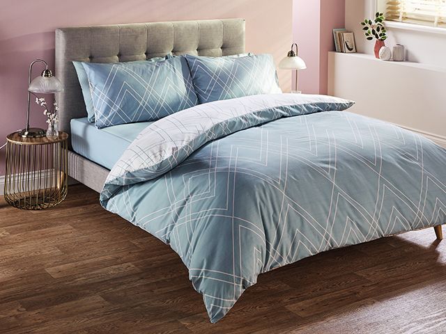 blue geometric bedding set - aldi launches stylish bedding range - news - goodhomesmagazine.com