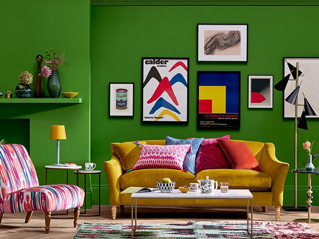 colourful living room scheme with abstract gallery wall - the top spring summer trends for 2020 - inspiration - goodhomesmagazine.com