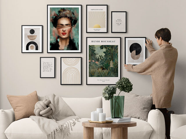 Desenio gallery wall featuring Frida Khalo, greens and neutrals
