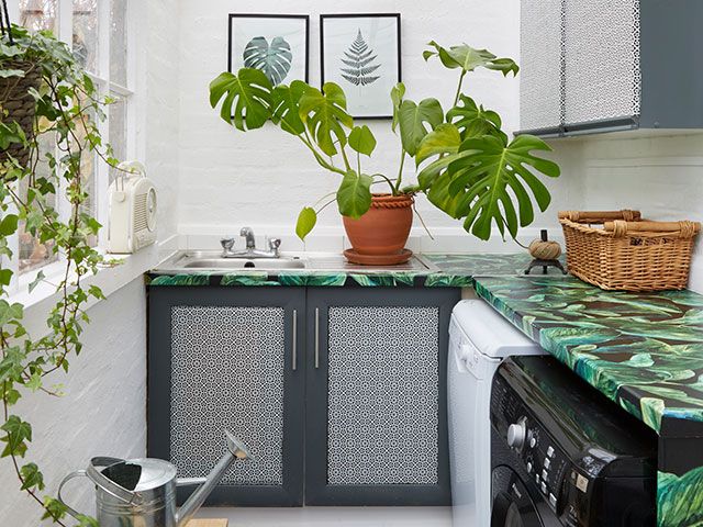 Utility room with repainted cupboard doors and vinyl worksurface - goodhomesmagazine.com