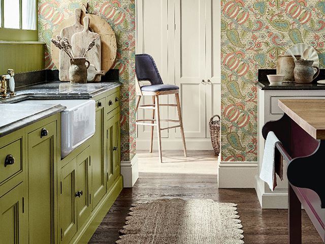 little greene national trust wallpaper Pomegranate Bazaar in a kitchen scheme - goodhomesmagazine.com