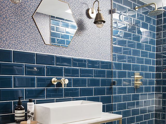 Shower bathroom with bright blue wall tiles, wallpaper - goodhomesmagazine.com