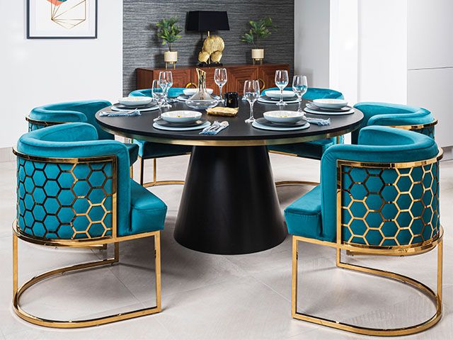 teal velvet and gold dining chair hexagon - 7 of the most on-trend dining chairs - dining - goodhomesmagazine.com