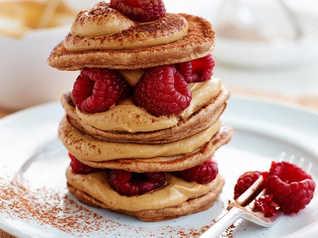 Coffee and amaretto mini pancake stack. Image: British Egg recipes