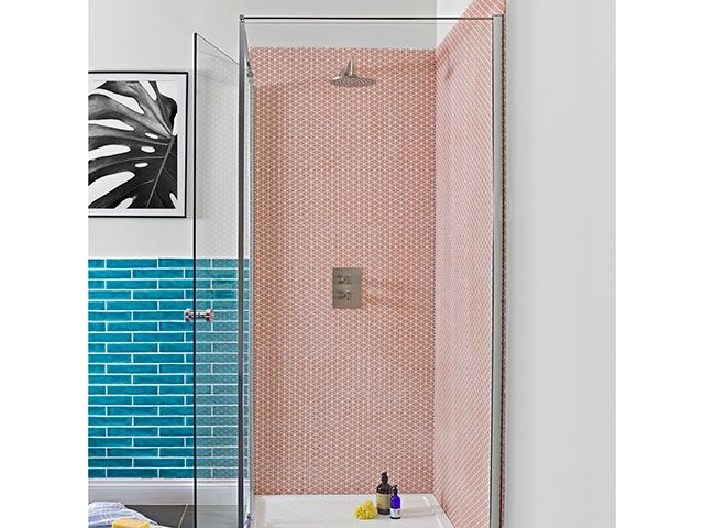 pink mosaic tile in shower enclosure in bathroo, - goodhomesmagazine.com