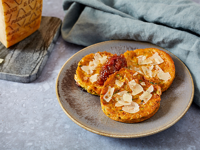 Courgette and Grana Padano pancakes with tomato and apple relish. Image: Grana Padano