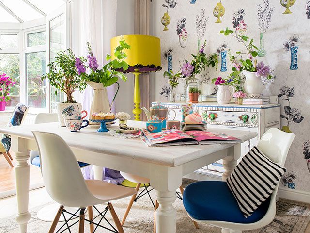 floral print dining room with mix and match crockery - goodhomesmagazine.com