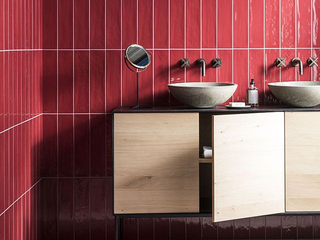 modern bathroom with red metro tiles - goodhomesmagazine.com