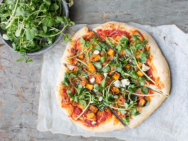 watercress blue cheese and butternut squash pizza - goodhomesmagazine.com