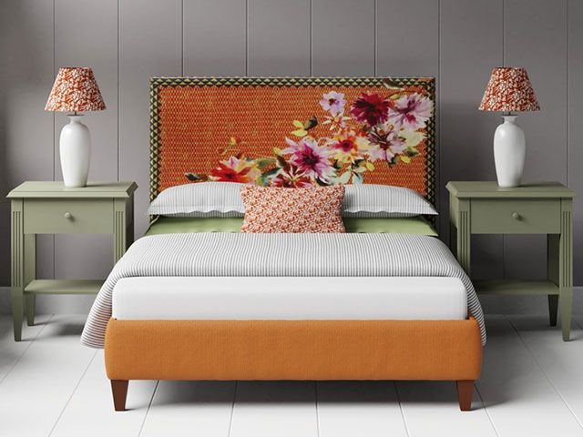 upholstered bed with modern floral fabric pattern - goodhomesmagazine.com