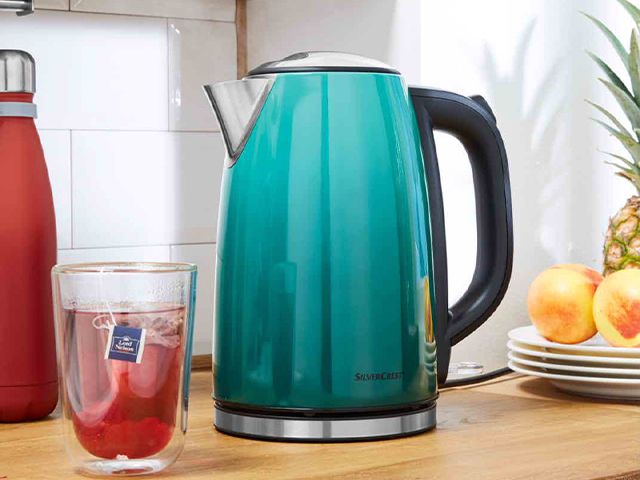 blue ombre kettle - lidl launches colourful design-inspired kitchen collection - news - goodhomesmagazine.com