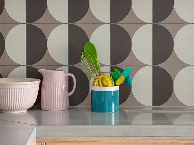 circular tiled kitchen - take a tour of this colourful kitchen-diner - home tours - goodhomesmagazine.com