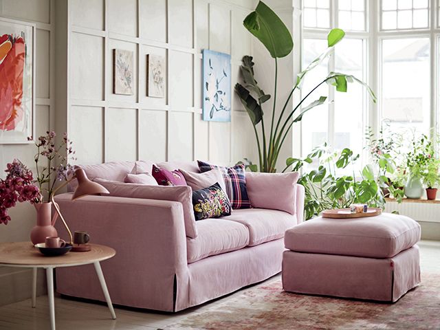 lilac sofa in bright botanical living room - inspiration - goodhomesmagazine.com 