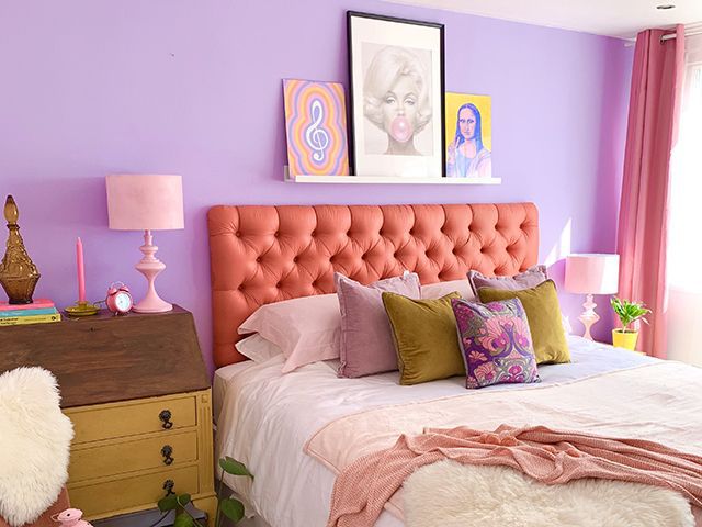 colourful bedroom with lilac walls - inspiration - goodhomesmagazine.com