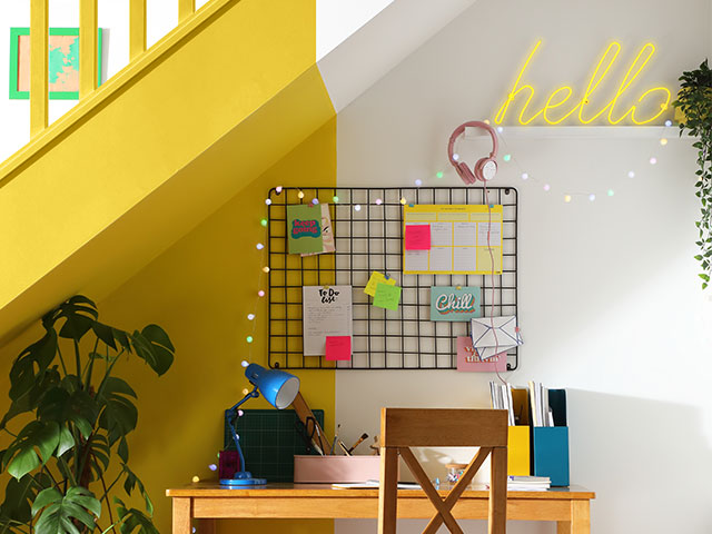 Paint a splash of colour and turn under the stairs into a home office