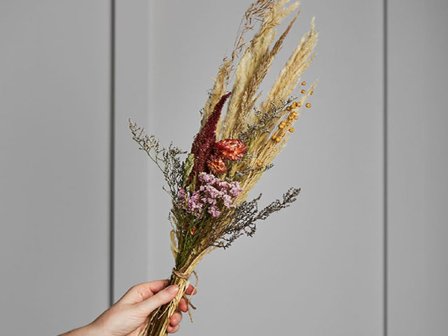 Dried Flower Bouquet with pampas grass, red straw flowers, seed pods and dainty dried blooms from Rose and Grey 