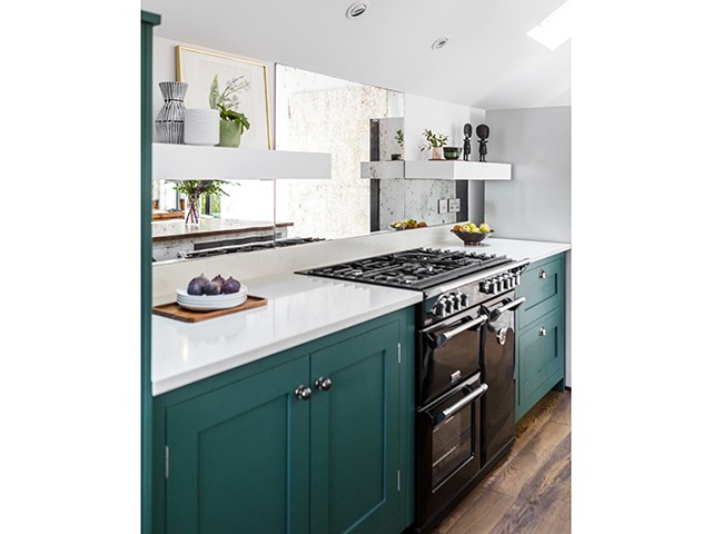 Galley kitchen ideas | Harvey Jones - Galley Kitchen - Open shelving and mirrored splashback | Good Homes Magazine
