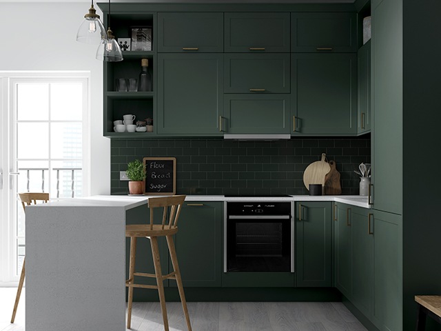 Benchmarx Kitchens Cambridge Forest Green, floor to ceiling storage | Good Homes Magazine