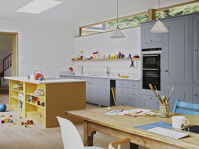 British Standard yellow island and grey kitchen - inspiration - goodhomesmagazine.com 
