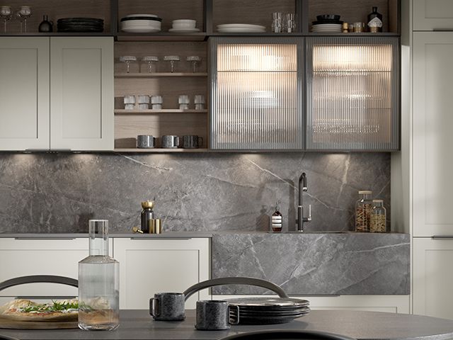 Hunton kitchen in Putty from second nature collection with reeded glass fronts - inspiration - goodhomesmagazine.com