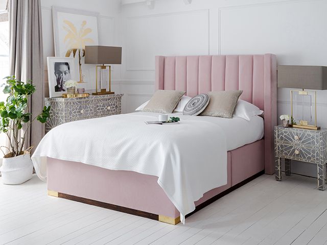 pink olivia bed in a neutral bedroom scheme from sweetpea and willow - goodhomesmagazine.com