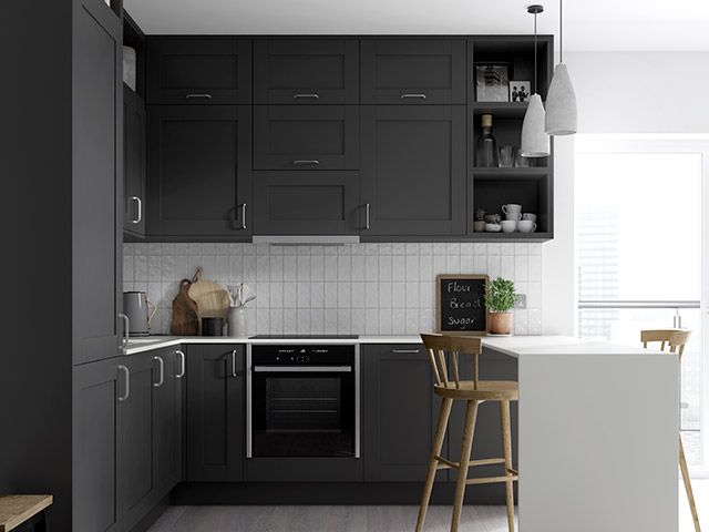 Oxford slate kitchen from Benchmarx Kitchens with ceiling height cabinets 