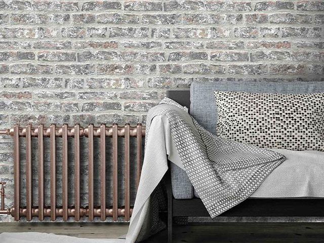 brick wallpaper cast iron radiator - industrial living room: 5 top styling tips - living room - goodhomesmagazine.com