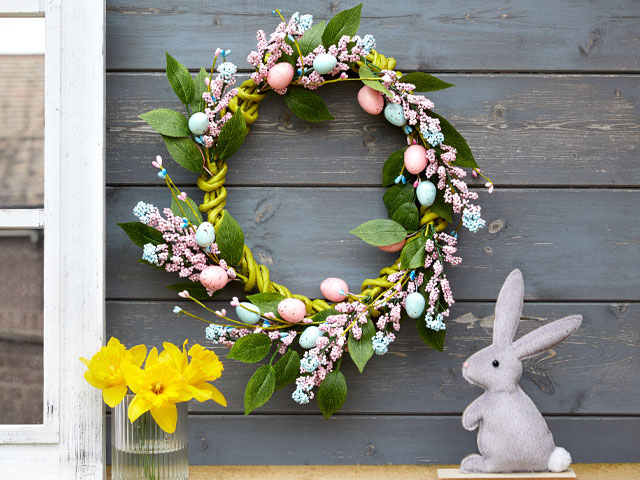 Easter floral and egg wreath. Decorative bunny also Poundland. Price: £5 www.poundland.co.uk