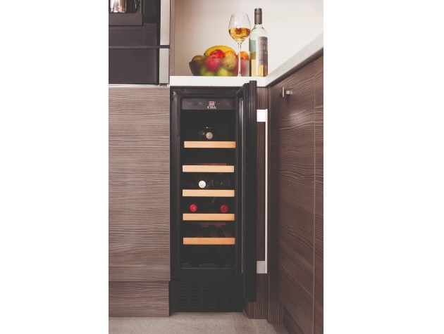 corner of kitchen with open wine cooler wine bottles inside