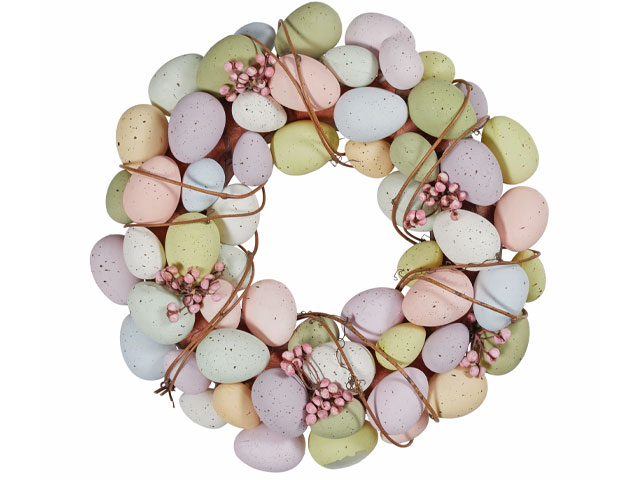 easter wreath made of eggs in pastel colours
