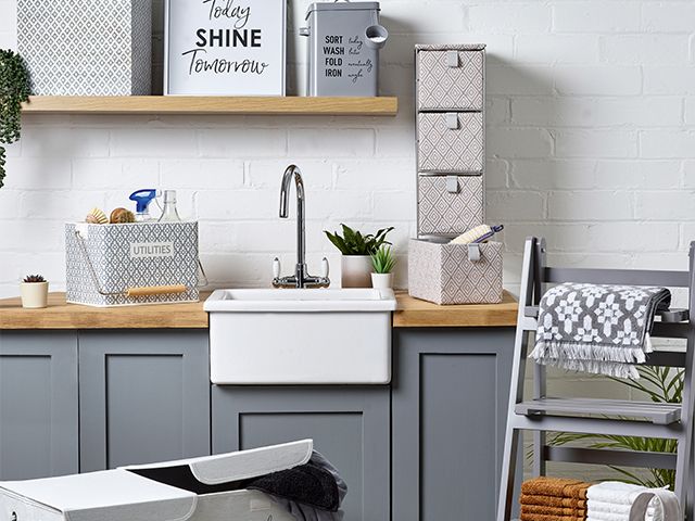 grey utility room - cleaning caddys to tidy up your routine - shopping - goodhomesmagazine.comty