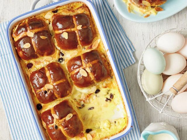 hot cruss bun bread pudding - easter bakes: 4 easy recipes - kitchen - goodhomesmagazine.com