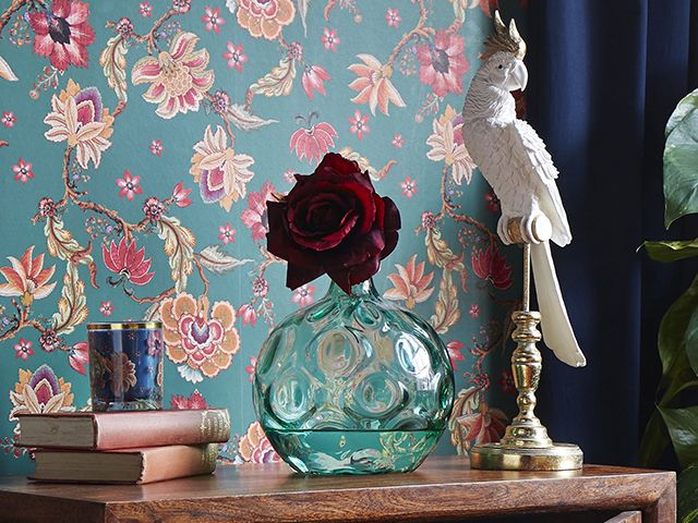 floral repeat wallpaper vr694 gold parrot ornament vr735 moulded glass vase vr806 british eccentric candle - all joe browns - goodhomesmagazine.com