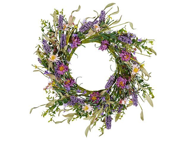 floral door decor with lavender and spring wildflowers