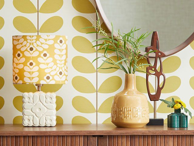 Retro sideboard with Orla Kiely lamp, wallpaper and vase from new John Lewis collection - goodhomesmagazine.com