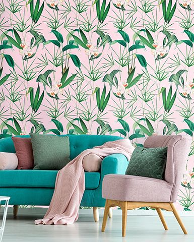 tropical print wallpapr - how to update your living room for spring - living room - goodhomesmagazine.com