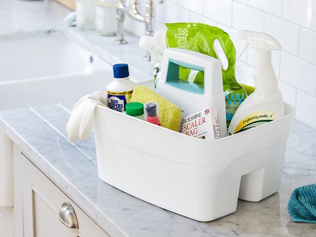 white plastic cleaning organiser - cleaning caddies to tidy up your home - shopping - goodhomesmagazine.com