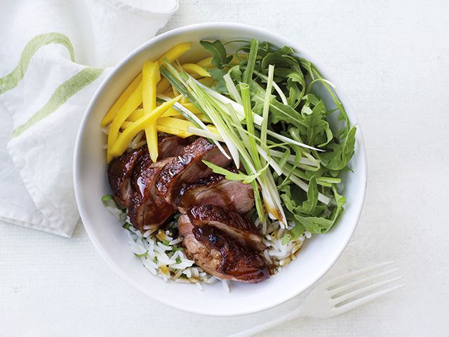 Hoisin duck mango wild rice bowls recipe