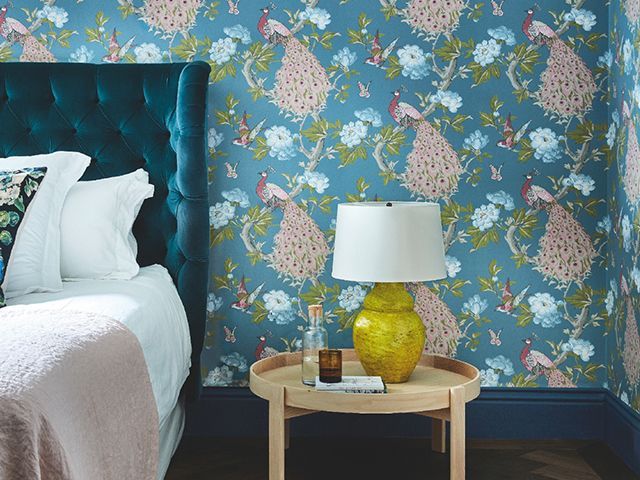 blue and pink floral bedroom wallpaper from little greene - goodhomesmagazine.com