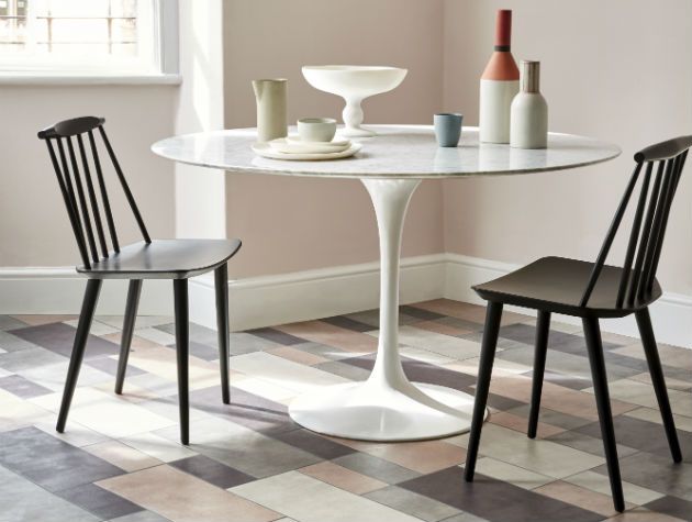 dining table and chairs set on tiled floor