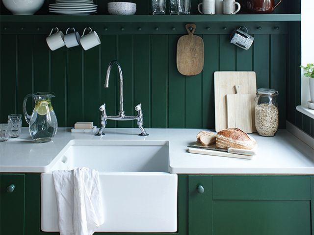 green kitchen with butler sink - 9 virtual interiors experts you can consult during lockdown - inspiration - goodhomesmagazine.com