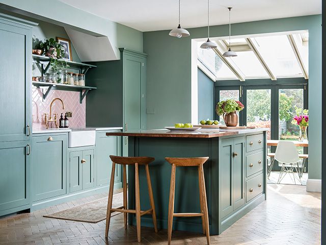 pink and green kitchen with rear extension - goodhomesmagazine.com